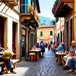The Urban Soul: Weaving True Connections**

A vibrant scene capturing the essence of an Italian *borgo* or a lively local market. Focus on genuine human interactions: a barista greeting a regular, neighbors chatting in a sunlit piazza, elderly people playing cards on a bench, children playing near a fountain. Show narrow, picturesque cobblestone streets, colorful balconies adorned with flowers, and the inviting warmth of small artisan shops. The atmosphere should convey a strong sense of community, belonging, and the richness of everyday life, emphasizing the "invisible network" of social capital.

**