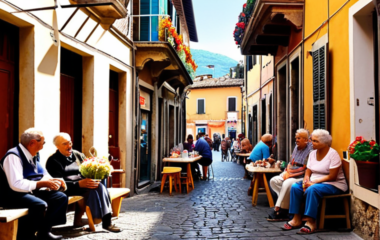 The Urban Soul: Weaving True Connections**

A vibrant scene capturing the essence of an Italian *borgo* or a lively local market. Focus on genuine human interactions: a barista greeting a regular, neighbors chatting in a sunlit piazza, elderly people playing cards on a bench, children playing near a fountain. Show narrow, picturesque cobblestone streets, colorful balconies adorned with flowers, and the inviting warmth of small artisan shops. The atmosphere should convey a strong sense of community, belonging, and the richness of everyday life, emphasizing the "invisible network" of social capital.

**