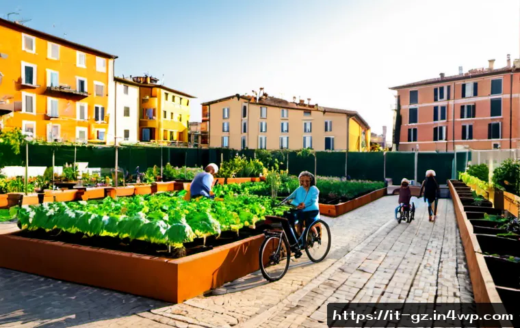 Home 14 휴먼스케일 도시계획과 커뮤니티 가든 - Photorealistic human-scale urban planning scene in a sunny Italian neighborhood, a compact community...